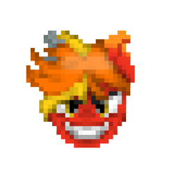 Size: 800x800 | Tagged: safe, artist:ragedox, imported from derpibooru, oc, oc only, oc:ragedox, hybrid, kirin, pegasus, pony, doom, looking at you, male, mane of fire, maniac, metal, metal gear, pixel art, red skin, simple background, smiling, smiling at you, solo, teeth, transparent background