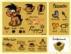 Size: 4500x3400 | Tagged: safe, artist:professionalpuppy, imported from derpibooru, oc, oc only, oc:puppy, cardboard box, clothes, cutie mark, explosion, flamethrower, reference sheet, scarf, shovel, weapon