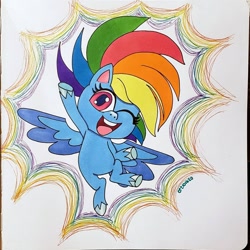 Size: 1080x1080 | Tagged: safe, artist:colleen.rose.art, imported from derpibooru, rainbow dash, pegasus, pony, my little pony: pony life, :d, cheering, eyelashes, female, g4.5, mare, one eye closed, open mouth, pony life, solo, traditional art, two toned wings, unshorn fetlocks, volumetric mouth, wings, wink