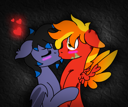 Size: 2469x2075 | Tagged: safe, artist:ragedox, imported from derpibooru, oc, oc:ragedox, oc:rouse black, bat pony, hybrid, kirin, pegasus, pony, base used, blushing, female, heart, holding a pony, kissing, male, red skin, scales, scar, surprised