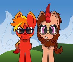 Size: 3264x2770 | Tagged: safe, artist:ragedox, imported from derpibooru, oc, oc:blazing smart, oc:ragedox, hybrid, kirin, pegasus, pony, brown eyes, brown mane, couple, fangs, female, glasses, happy, male, mane of fire, nerd, old art, old drawing, pink eyes, red skin, scales, smiling