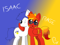 Size: 6428x4821 | Tagged: safe, artist:ragedox, imported from derpibooru, oc, oc:isaac pony, oc:ragedox, earth pony, pegasus, pony, beard, blue eyes, blue mane, brown eyes, facial hair, friends, friendship, glasses, hug, hugging a pony, light skin, male, mane of fire, old art, old drawing, red skin, simple background, white skin