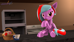 Size: 3840x2160 | Tagged: safe, artist:melodiousmarci, imported from derpibooru, oc, oc only, oc:star beats, cat, pegasus, pony, 3d, basket, cup, kitchen, licking, looking at you, solo, source filmmaker, tongue out