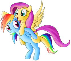 Size: 637x544 | Tagged: safe, artist:miokomata, edit, imported from derpibooru, fluttershy, rainbow dash, pony, background removed, duo, fluttershy riding rainbow dash, flying, ponies riding ponies, riding, simple background, transparent background