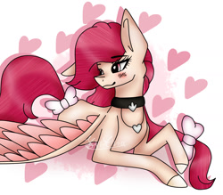 Size: 1600x1400 | Tagged: safe, artist:krissograph, imported from derpibooru, oc, oc only, oc:rose blossom, pegasus, pony, blushing, heart, looking back, lying down, one ear down, pegasus oc, solo, wings