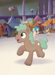 Size: 365x502 | Tagged: safe, imported from derpibooru, screencap, mint bark, earth pony, pony, my little pony: the movie, background pony, balloon, canterlot, clothes, cropped, male, running, scared, scarf, solo focus, stallion, unnamed character, unnamed pony