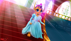 Size: 4200x2400 | Tagged: safe, artist:darksly, imported from derpibooru, smolder, anthro, dragon, absurd resolution, clothes, crepuscular rays, dragoness, dress, female, grin, high res, jewelry, princess smolder, smiling, solo, stairs, tiara