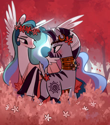 Size: 1280x1454 | Tagged: safe, artist:jademoona, imported from derpibooru, princess celestia, zecora, alicorn, pony, zebra, blushing, butt, clothes, crack shipping, duo, female, floral head wreath, flower, lesbian, looking at each other, mare, plot, quadrupedal, see-through, shipping, spread wings, wings, zelestia