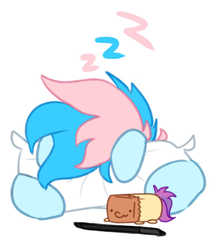 Size: 1024x1209 | Tagged: safe, artist:maren, artist:paperbagpony, imported from derpibooru, oc, oc:blue chewings, oc:paper bag, collaboration, onomatopoeia, pillow, plushie, sleeping, sound effects, zzz