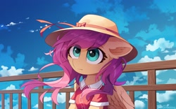 Size: 3450x2150 | Tagged: safe, artist:emeraldgalaxy, imported from derpibooru, fluttershy, pegasus, pony, clothes, cute, eye clipping through hair, hat, shirt, shyabetes, solo, summer, sunny day, windswept mane