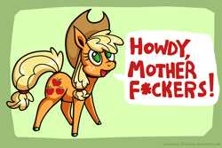 Size: 1800x1200 | Tagged: safe, artist:champion-of-namira, imported from derpibooru, applejack, earth pony, pony, chibi, cute, dialogue, female, jackabetes, mare, no pupils, open mouth, smiling, solo, speech bubble, vulgar