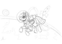 Size: 1000x707 | Tagged: safe, artist:solex, imported from derpibooru, oc, oc only, oc:jetstream, oc:solex, pegasus, pony, astronaut, grayscale, helmet, jetpack, male, monochrome, sketch, smiling, solo, space, spacesuit, stallion, wonderbolts