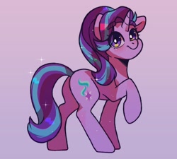 Size: 1024x920 | Tagged: safe, artist:cottonsweets, imported from derpibooru, starlight glimmer, pony, unicorn, cute, eyebrows, female, glimmerbetes, mare, one hoof raised, pink background, raised hoof, simple background, smiling, solo