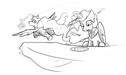 Size: 5000x3000 | Tagged: safe, artist:captainhoers, imported from derpibooru, princess celestia, princess luna, alicorn, pony, ..., black and white, cake, cake theft, cakelestia, duo, female, flying, food, fork, grayscale, levitation, looking back, magic, mare, monochrome, open mouth, role reversal, royal sisters, siblings, simple background, sisters, table, telekinesis, this will end in a trip to the moon, white background