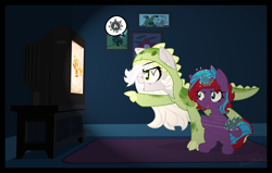 Size: 3000x1907 | Tagged: safe, artist:sherathoz, imported from derpibooru, oc, oc only, oc:charming dazz, oc:fossil fluster, earth pony, pony, unicorn, animal costume, animal onesie, clothes, costume, dinosaur costume, female, filly, foalsitting, kigurumi, magic, nintendo switch, onesie, show accurate, telekinesis