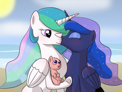 Size: 2048x1536 | Tagged: safe, artist:colorcodetheartist, imported from derpibooru, princess celestia, princess luna, oc, oc:prince geo, oc:prince hermes, alicorn, pony, :p, baby, baby pony, beach, cheek kiss, cute, family, female, incest, kiss on the cheek, kissing, lesbian, magical lesbian spawn, male, maternaluna, momlestia, mother and child, mother and son, offspring, parent:princess celestia, parent:princess luna, parents:princest, princest, product of incest, shipping, tongue out