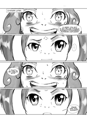 Size: 4961x7016 | Tagged: safe, artist:bakuhaku, imported from derpibooru, pacific glow, pinkie pie, anthro, earth pony, comic:bun in the oven, comic:friendship is dirty, awkward, awkward smile, comic, dialogue, grayscale, monochrome, nervous, panic, smiling, speech bubble, swearing, vulgar