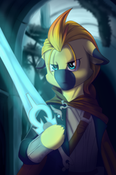 Size: 3265x4928 | Tagged: safe, artist:melodis, imported from derpibooru, oc, oc only, oc:yaktan, earth pony, pony, absurd resolution, clothes, earth pony oc, magic the gathering, sword, weapon