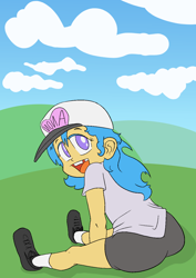 Size: 1000x1414 | Tagged: safe, artist:happy harvey, imported from derpibooru, oc, oc only, oc:little league, human, equestria girls, baseball cap, cap, clothes, drawn on phone, female, gap teeth, hat, hill, looking at you, looking back, looking back at you, phone drawing, shirt, shoes, socks, spandex, stretching