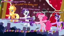 Size: 2000x1125 | Tagged: source needed, safe, edit, edited screencap, imported from derpibooru, screencap, applejack, pinkie pie, rarity, twilight sparkle, alicorn, earth pony, pony, unicorn, pinkie pride, applejack's hat, bipedal, caption, cowboy hat, dancing, disney, eyes closed, female, gitchee gitchee goo, hat, image macro, mare, microphone, open mouth, phineas and ferb, singing, smiling, song reference, text, top hat, twilight sparkle (alicorn)