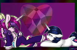 Size: 2980x1917 | Tagged: safe, artist:llametsul, imported from derpibooru, princess cadance, shining armor, alicorn, pony, unicorn, clothes, couple, cutie mark, eyeshadow, female, heart, makeup, male, mare, robe, shiningcadance, shipping, socks, stallion, stockings, straight, thigh highs