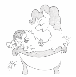 Size: 1502x1507 | Tagged: safe, artist:perpendicular white, imported from derpibooru, pinkie pie, rainbow dash, goo, goo pony, original species, absorption, bath, bathtub, claw foot bathtub, imminent vore, monochrome, pinkie slime, rubber duck, scared, sketch, this will end in cupcakes, traditional art