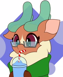 Size: 2576x3118 | Tagged: safe, artist:mrneo, imported from derpibooru, cashmere (tfh), deer, reindeer, them's fightin' herds, clothes, community related, cute, doe, drink, drinking straw, female, glasses, meganekko, scarf, slurpee, solo