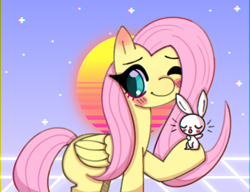 Size: 1300x1000 | Tagged: safe, artist:rabidmomento, imported from derpibooru, angel bunny, fluttershy, pegasus, pony, angel is a bunny bastard, background, blushing, halfbody, shading, vaporwave