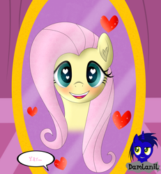 Size: 3840x4154 | Tagged: safe, artist:damlanil, imported from derpibooru, fluttershy, pegasus, pony, blushing, carousel boutique, comic, cute, female, happy, heart, heart eyes, looking at you, mare, mirror, open mouth, shyabetes, simple background, smiling, text, vector, wingding eyes, wings, yay