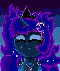 Size: 1079x1280 | Tagged: safe, artist:superhypersonic2000, imported from derpibooru, princess luna, alicorn, pony, blushing, crown, digital art, eyes closed, female, horn, jewelry, mare, necklace, regalia, solo