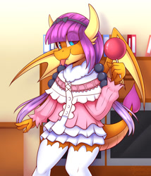 Size: 1500x1750 | Tagged: safe, artist:shadowreindeer, imported from derpibooru, smolder, anthro, dragon, candy, clothes, cosplay, costume, crossover, cute, dragoness, dress, eye clipping through hair, female, food, kanna kamui, kobayashi-san chi no maid dragon, lollipop, miss kobayashi's dragon maid, skirt, smolderbetes, socks, thigh highs, tongue out, zettai ryouiki