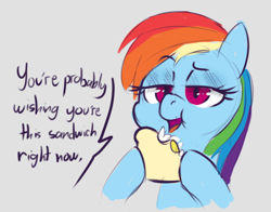 Size: 668x524 | Tagged: safe, artist:hitsuji, imported from derpibooru, rainbow dash, pony, dialogue, faic, food, gray background, implied vore, sandwich, simple background, smug, smugdash, solo