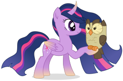 Size: 4905x3213 | Tagged: safe, alternate version, artist:cirillaq, imported from derpibooru, owlowiscious, twilight sparkle, alicorn, bird, owl, pony, absurd resolution, alternate design, curved horn, duo, female, high res, horn, male, mare, simple background, smiling, solo, transparent background, twilight sparkle (alicorn), vector