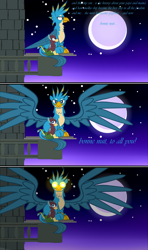 Size: 1920x3240 | Tagged: safe, imported from derpibooru, gallus, oc, oc:galavant, dragon, dragriff, griffon, hybrid, fourth wall, futurama, glowing eyes, interspecies offspring, looking at you, looking back, looking back at you, moon, night, offspring, parent:gallus, parent:smolder, parents:smollus, pazuzu, stars