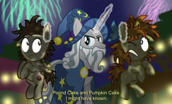 Size: 3000x1811 | Tagged: safe, artist:aleximusprime, imported from derpibooru, pound cake, pumpkin cake, star swirl the bearded, pegasus, unicorn, ear pull, fireworks, glowing horn, horn, lord of the rings, messy mane, subtitles, this will end in grounding