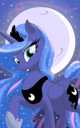 Size: 1600x2560 | Tagged: safe, artist:theroyalprincesses, imported from derpibooru, imported from ponybooru, princess luna, alicorn, pony, cutie mark, ethereal mane, female, full moon, high res, jewelry, looking at you, mare, moon, night, night sky, raised hoof, raised leg, regalia, sky, smiling, solo, starry mane, stars