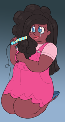 Size: 578x1068 | Tagged: safe, artist:greenarsonist, imported from derpibooru, pinkie pie, human, party of one, chubby, clothes, crying, dark skin, dress, fat, humanized, kneeling, makeup, nonbinary, pinkamena diane pie, sad, shirt, simple background, solo, straight hair, t-shirt