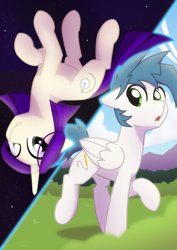 Size: 1980x2800 | Tagged: safe, artist:whitequartztheartist, imported from derpibooru, oc, oc:nifty sway, oc:white quartz, pegasus, pony, unicorn, divided, forest, space, time travel