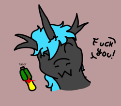 Size: 683x597 | Tagged: safe, artist:un simple tio, imported from derpibooru, oc, oc only, oc:loshad, changeling, hybrid, pony, blue hair, curse, cussing, horn, male, simple background, solo, taser, threat, threatening, vulgar, weapon