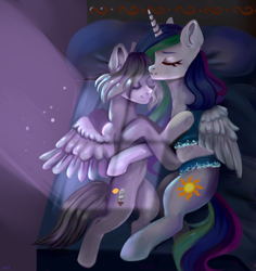 Size: 1000x1060 | Tagged: safe, artist:ske, imported from derpibooru, princess celestia, oc, oc:light knight, alicorn, pegasus, pony, bed, clothes, duo, moonlight, night, shipping, underwear