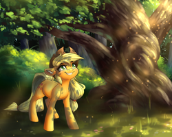Size: 5000x4000 | Tagged: safe, artist:faline-art, imported from derpibooru, applejack, earth pony, pony, cowboy hat, cute, dappled sunlight, female, forest, hat, jackabetes, mare, solo, tree