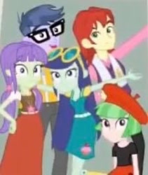 Size: 225x266 | Tagged: safe, imported from derpibooru, screencap, blueberry cake, microchips, nolan north, starlight, watermelody, equestria girls, equestria girls series, forgotten friendship, background human, cropped, friends together