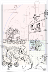 Size: 811x1215 | Tagged: safe, artist:pencils, idw, imported from derpibooru, cheese sandwich, derpy hooves, pinkie pie, oc, oc:sky shatter, earth pony, pegasus, unicorn, spoiler:comic, spoiler:comic94, accident, balcony, building, cheesepie, comic, concerned, crying, eyes closed, female, fibonacci sequence, fibonacci spiral, flying, foal, golden ratio, grid, hammer, hat, jewelry, layout, log, male, mare, monochrome, mouth hold, open mouth, ouch, pacifier, pain, pain star, saw, season 10, shipping, sketch, stallion, straight, stroller, textless, wings, wip, yelling