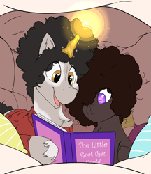 Size: 2637x3059 | Tagged: safe, artist:denzel, imported from derpibooru, oc, oc only, oc:idle thoughts, oc:whitney, goat, unicorn, afro, bed, chest fluff, magic, pillow, pillow fort, reading