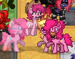 Size: 671x525 | Tagged: safe, imported from derpibooru, pinkie pie, oc, oc:harmony star, pony, pony town, dancing, harmonycon, jumping