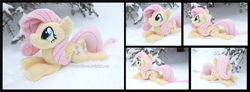 Size: 4755x1754 | Tagged: safe, artist:peruserofpieces, imported from derpibooru, fluttershy, pegasus, pony, beanie (plushie), cute, daaaaaaaaaaaw, female, happy, irl, lying down, mare, photo, plushie, prone, shyabetes, smiling, snow, sploot, tree, wings
