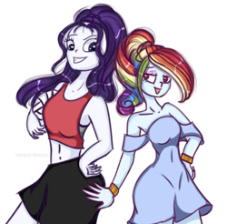 Size: 794x781 | Tagged: dead source, safe, artist:vibrantwishes, imported from derpibooru, rainbow dash, rarity, human, equestria girls, alternate hairstyle, clothes, dress, duo, duo female, female, girly, girly girl, girly rainbow dash, personality swap, rainbow dash always dresses in style, role reversal, simple background, sports outfit, tomboy, tomboy rarity, tomboy taming, white background