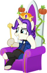 Size: 3340x5220 | Tagged: safe, artist:a4r91n, imported from derpibooru, pony, unicorn, abigail (stardew valley), clothes, crossover, crown, grin, hoof hold, jewelry, ponified, pumpkin, regalia, scepter, simple background, sitting, smiling, stardew valley, throne, transparent background, vector