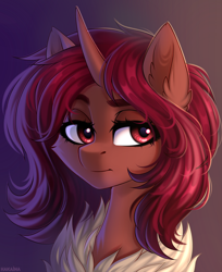 Size: 2550x3124 | Tagged: safe, artist:hakaina, imported from derpibooru, oc, oc only, oc:flechette, changeling, insect, moth, mothling, original species, bust, horn, neck fluff, portrait, red changeling, species swap