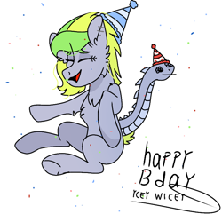 Size: 768x768 | Tagged: safe, artist:valkiria, derpibooru exclusive, imported from derpibooru, oc, oc only, oc:cloud drift, pegasus, pony, augmented tail, birthday, birthday gift, blank flank, chest fluff, confetti, eyes closed, female, hat, mare, open mouth, party hat, raised hoof, simple background, sitting, solo, white background
